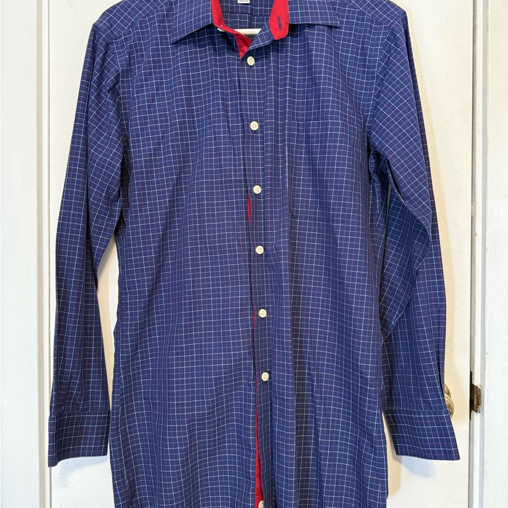 Men's Paul Frederick Blue Checkered‎ Long Sleeve Shirt with Red Accents.